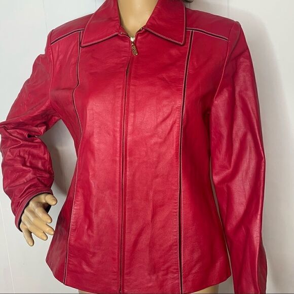 Red Leather Jacket St John Sport Marie Gray Full Zip Womens Size Small - Picture 1 of 12